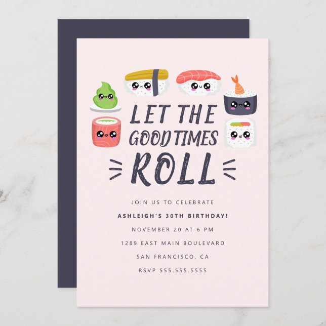 Cute Kawaii Sushi Rolls Birthday Party Invitation (Front/Back)
