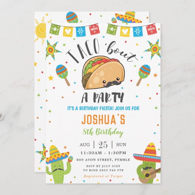 Cute Kawaii Taco 'Bout a Party Fiesta Birthday Invitation (Front/Back)