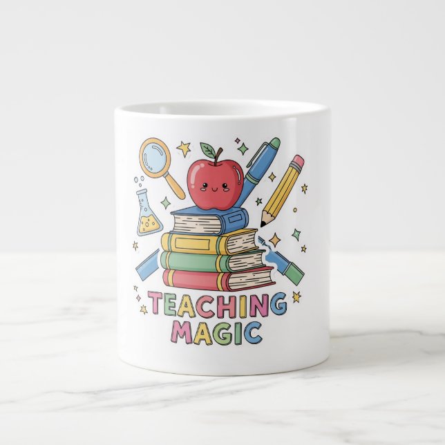 Cute Kawaii Teacher Magic Books & Apple Large Coffee Mug (Front)