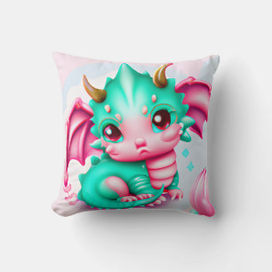 Cute Kawaii Teal and Pink Baby Dragon  Cushion