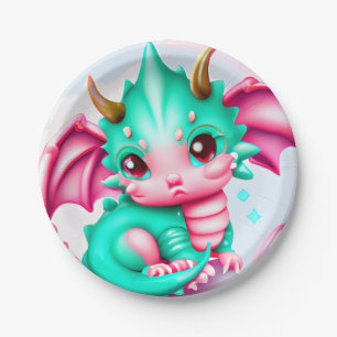 Cute Kawaii Teal and Pink Baby Dragon  Paper Plate