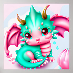 Cute Kawaii Teal and Pink Baby Dragon Poster