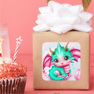 Cute Kawaii Teal and Pink Baby Dragon  Square Sticker