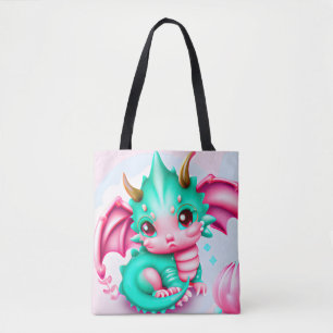 Cute Kawaii Teal and Pink Baby Dragon  Tote Bag