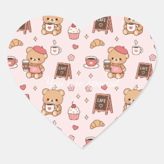 Cute Kawaii Teddy Bear Coffee Shop Pattern | Cozy Heart Sticker