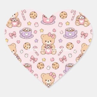 Cute Kawaii Teddy Bear Hot Cocoa Pattern | Pink Heart Sticker