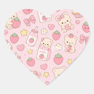 Cute Kawaii Teddy Bear Strawberry Pattern | Pink Heart Sticker