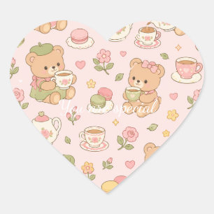 Cute Kawaii Teddy Bear Tea Party Pattern Pastel Heart Sticker