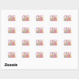 Cute Kawaii Thank a Bunch Cat Name Pastel Pink Flo Square Sticker