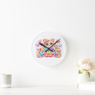 Cute Kawaii Thank You So Much Teddy Bear Pastel Pi Round Clock
