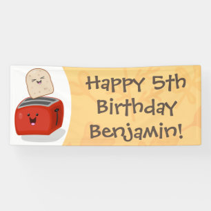 Cute kawaii toast and red toaster cartoon banner