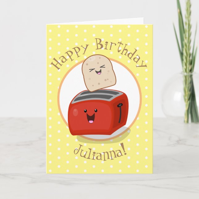 Cute kawaii toast and red toaster cartoon card (Front)