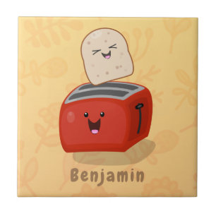 Cute kawaii toast and red toaster cartoon ceramic tile