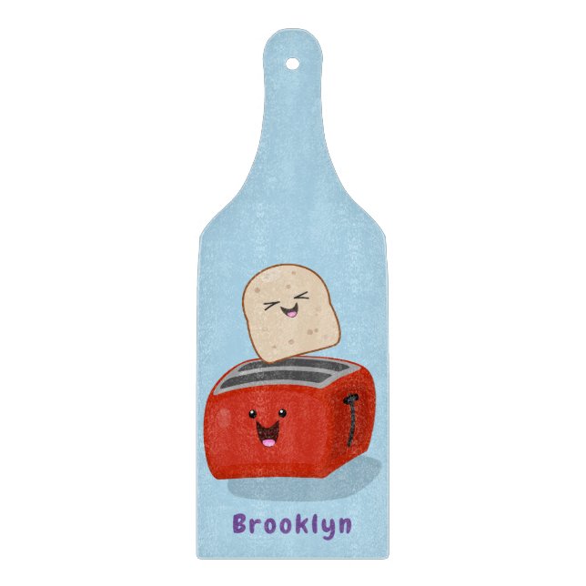 Cute kawaii toast and red toaster cartoon cutting board (Front)