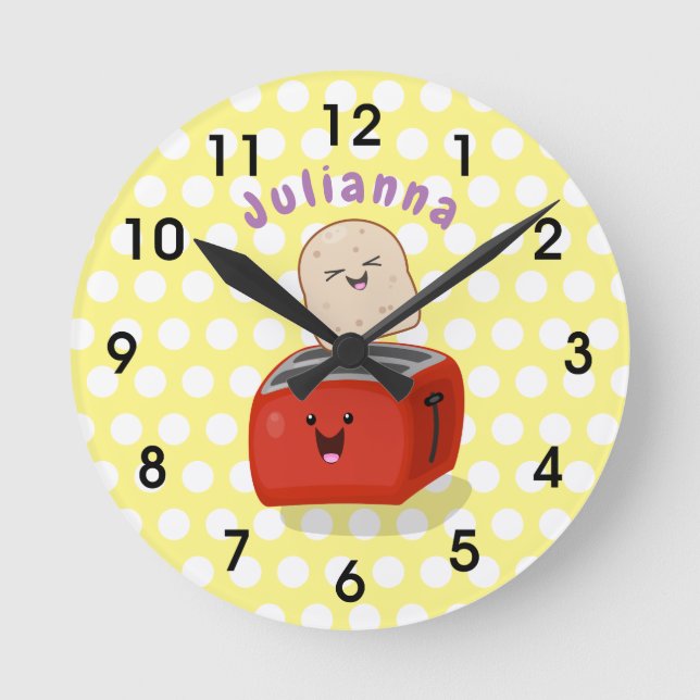 Cute kawaii toast and red toaster cartoon round clock (Front)
