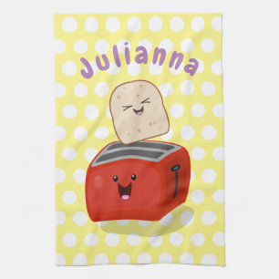 Cute kawaii toast and red toaster cartoon tea towel