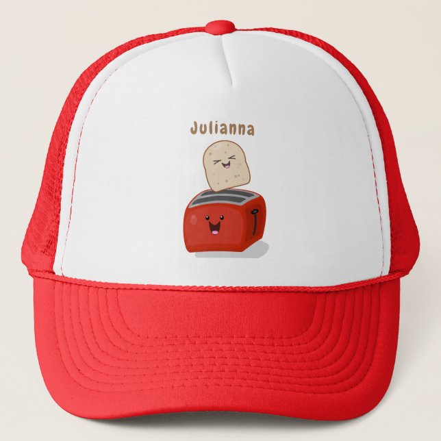 Cute kawaii toast and red toaster cartoon trucker hat (Front)