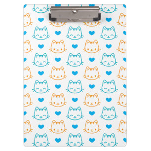 Cute Kawaii Turquoise and Orange Cat Faces Pattern Clipboard