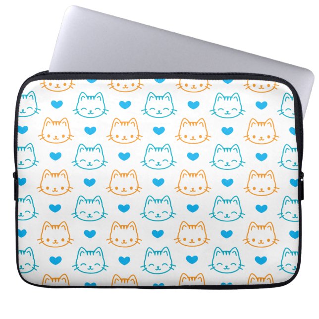 Cute Kawaii Turquoise and Orange Cat Faces Pattern Laptop Sleeve (Front)