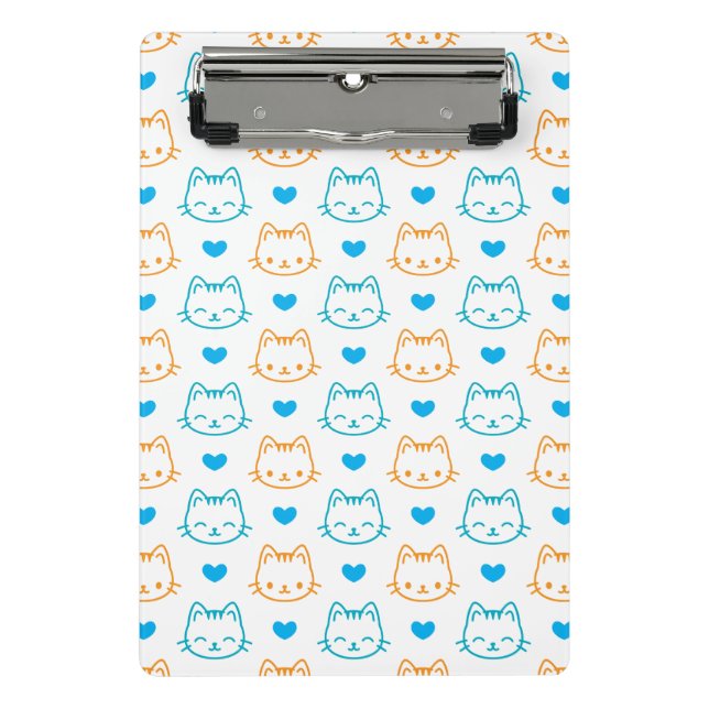 Cute Kawaii Turquoise and Orange Cat Faces Pattern Mini Clipboard (Front)