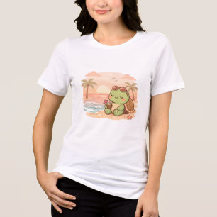 Cute Kawaii Turtle on Beach with Coconut Tri-Blend Shirt
