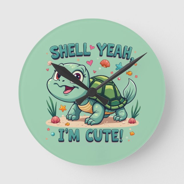 Cute Kawaii Turtle with Funny Pun Ocean Aesthetic Round Clock (Front)