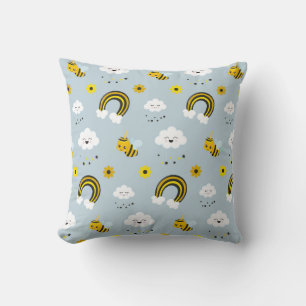 Cute Kawaii Unicorn Bees and Rainbow Gray Yellow Cushion