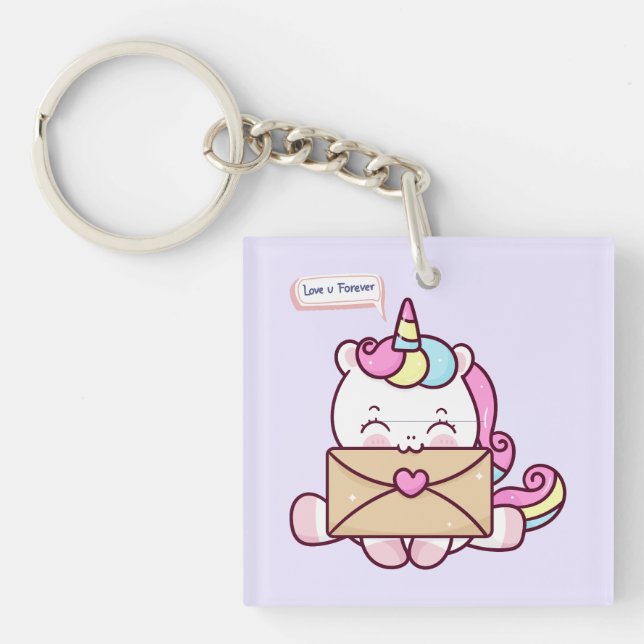 Cute Kawaii Unicorn Love Illustration Key Ring (Front)