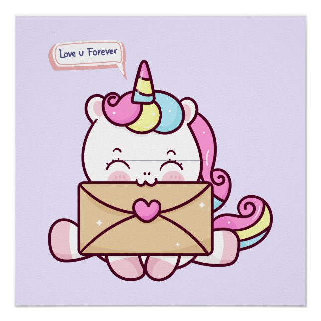 Cute Kawaii Unicorn Love Illustration Poster (Front)