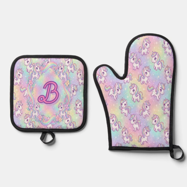 Cute Kawaii Unicorn Pastel Rainbow Magical Oven Mitt & Pot Holder Set (Front)