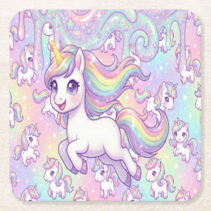 Cute Kawaii Unicorn Pastel Rainbow Magical Square Paper Coaster