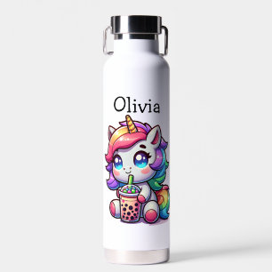 Cute Kawaii Unicorn with Bubble Tea Personalised Water Bottle