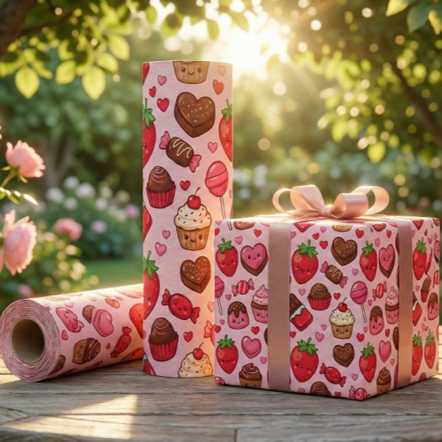 Cute Kawaii Valentine Sweets Treats Pattern Wrapping Paper (Creator Uploaded)