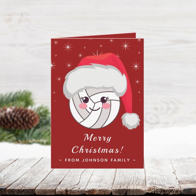 Cute Kawaii Volleyball Ball Santa Hat Xmas Festive Card (Creator Uploaded)