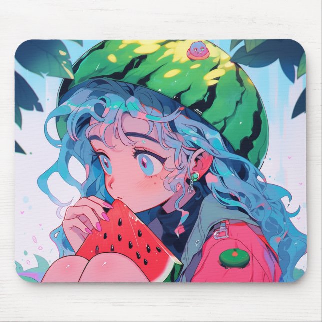 Cute Kawaii Watermelon Fruit Nature Anime Girl Mouse Pad (Front)