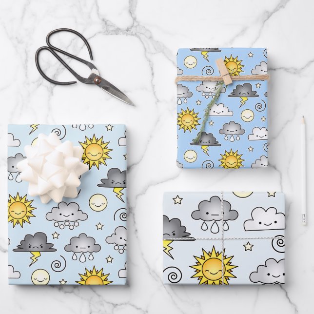 Cute Kawaii Weather Clouds Climate Wrapping Paper Sheet (Front)