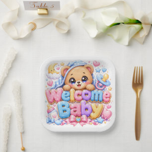 Cute Kawaii Welcome Baby Teddy Bear Pastel Pink Ne Paper Plate