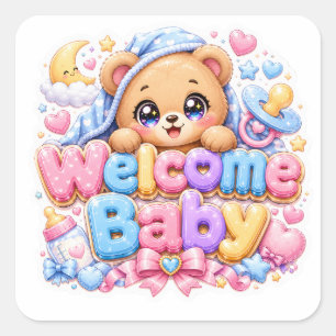 Cute Kawaii Welcome Baby Teddy Bear Pastel Pink Ne Square Sticker