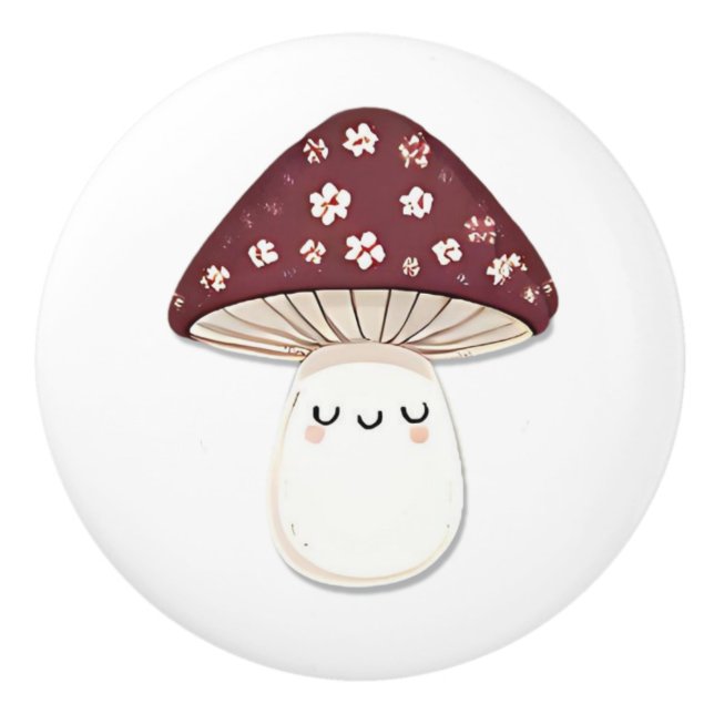 Cute Kawaii Whimsical Brown Mushroom Ceramic Knob (Front)