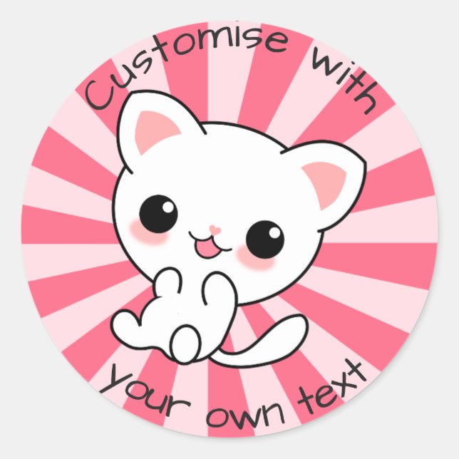 Cute kawaii White Cat Custom Pink Classic Round Sticker (Front)