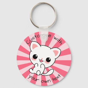 Cute kawaii White Cat Custom Text Pink Key Ring