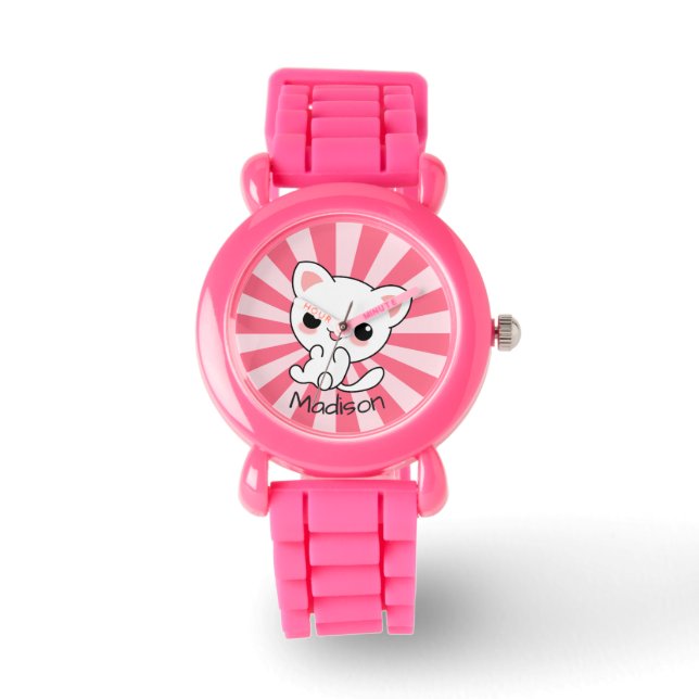 Cute kawaii White Cat Personalised Watch (Front)