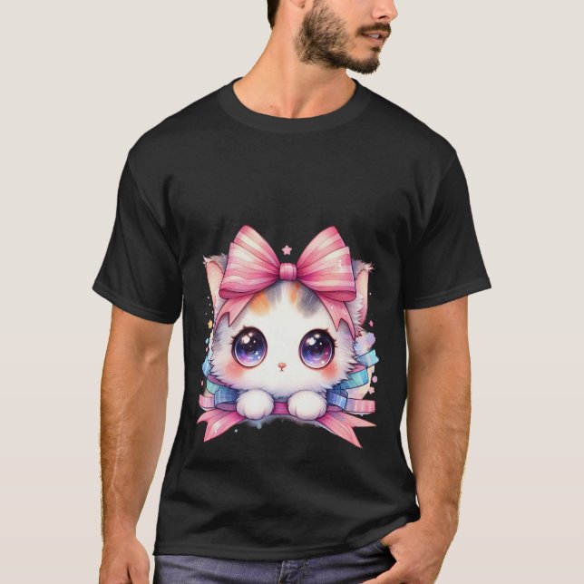 Cute Kawaii White Kitten Pink Ribbon Bow Magic Cat T-Shirt (Front)