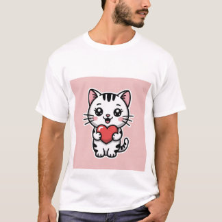 Cute Kawaii White Tabby Cat Holding Red Heart ✨❤️ T-Shirt