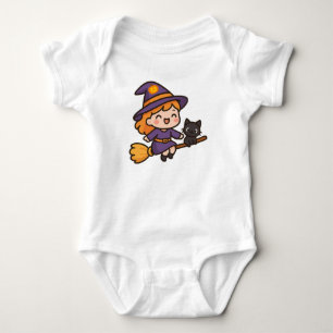 Cute Kawaii Witch and Cat Halloween Design Baby Bodysuit