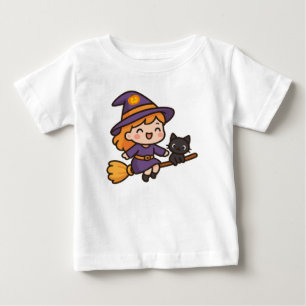 Cute Kawaii Witch and Cat Halloween Design Baby T-Shirt