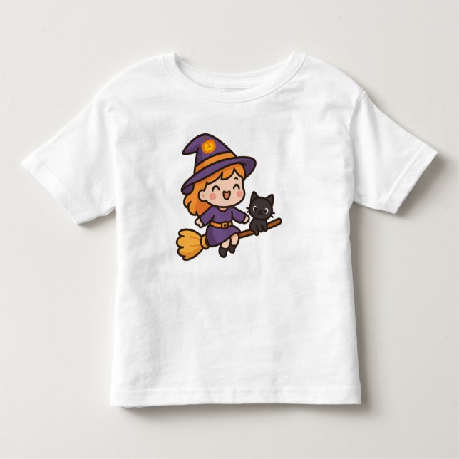 Cute Kawaii Witch and Cat Halloween Design Toddler T-Shirt (Front)