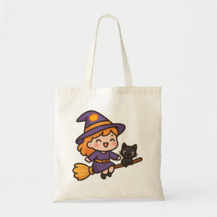 Cute Kawaii Witch and Cat Halloween Design Tote Bag