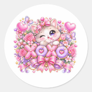 Cute Kawaii XOXO Cat Pastel Pink Romantic Love Sti Classic Round Sticker
