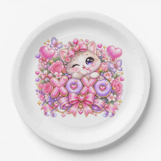 Cute Kawaii XOXO Cat Pastel Pink Romantic Love Sti Paper Plate